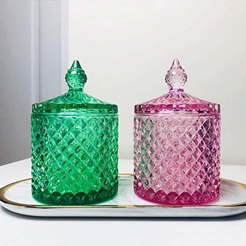 Sizikato Diamond Faceted Crystal Glass Candy Jar with Lid, Colorful Decorative Jar, Jewelry Box, Cotton Swab Storage Holder.