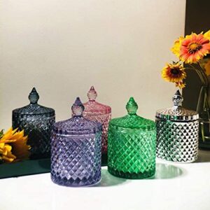 Sizikato Diamond Faceted Crystal Glass Candy Jar with Lid, Colorful Decorative Jar, Jewelry Box, Cotton Swab Storage Holder.