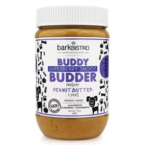 bark bistro company, superberry snoot, 100% natural dog peanut butter, healthy peanut butter dog treats, stuff in toy, dog pill pocket, made in usa (17oz jar)