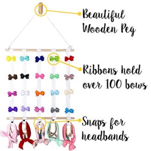 Hair Bow Holder Organizer for Girls - White Cotton Ribbons - Headband, Hair Tie, Clip, Bow Organizers - Baby Hair Accessories Storage Display - Decoration for Girls Room - Baby and Toddler