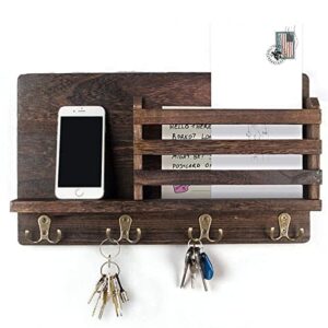dunchaty mail and key holder for wall decorative - wall mounted rustic mail organizer with 4 double hooks and mail rack, wood shelf home decor for entryway, mudroom, hallway
