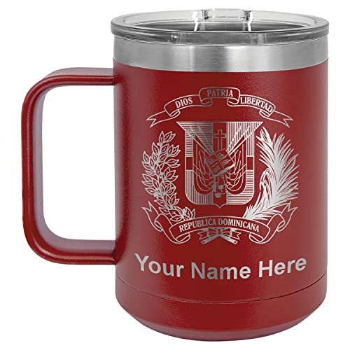 LaserGram 15oz Vacuum Insulated Coffee Mug, Coat of Arms Dominican Republic, Personalized Engraving Included (Maroon)