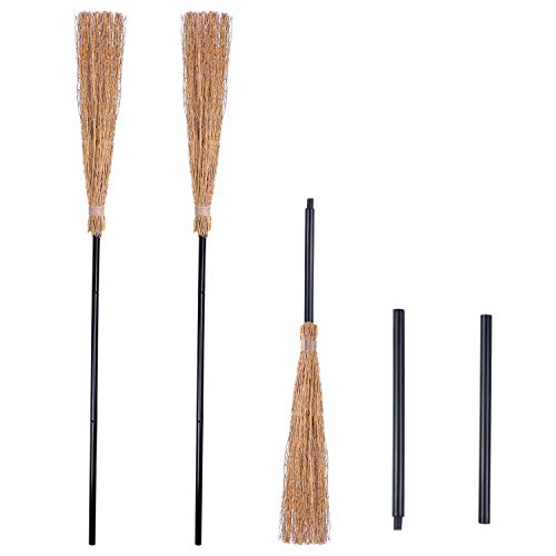 URATOT 3 Pieces Halloween Witch Broom Props Thatch Bamboo Witch Broomstick Retractable Straw Bamboo Witch Broom Party Decoration for Halloween Cosplay Favors