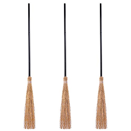 URATOT 3 Pieces Halloween Witch Broom Props Thatch Bamboo Witch Broomstick Retractable Straw Bamboo Witch Broom Party Decoration for Halloween Cosplay Favors