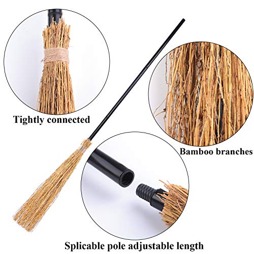 URATOT 3 Pieces Halloween Witch Broom Props Thatch Bamboo Witch Broomstick Retractable Straw Bamboo Witch Broom Party Decoration for Halloween Cosplay Favors