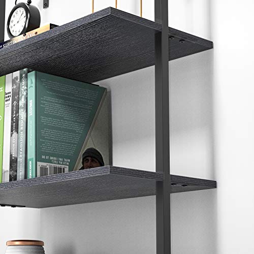 UVII Ladder Shelf Bookshelf, 5-Tier Industrial Bookshelf with Metal Frame and Wood Board, Wall Mounted Bookcase Open Shelf Organizer for Home Office, Bedroom and Living Room, Black Walnut