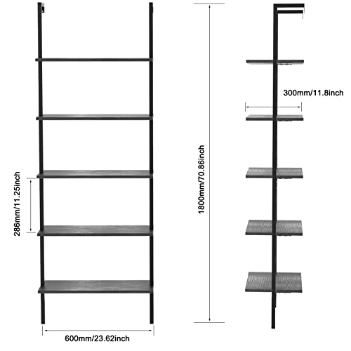 UVII Ladder Shelf Bookshelf, 5-Tier Industrial Bookshelf with Metal Frame and Wood Board, Wall Mounted Bookcase Open Shelf Organizer for Home Office, Bedroom and Living Room, Black Walnut