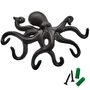 octopus key holder for wall cast iron key hooks decorative rustic towel hooks wall mounted heavy duty coat hooks with 6 tentacles for keys, towel, bags, hat, cup, scaf