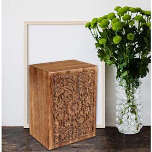 Funeral Cremation Urn Ashes with Beautiful Handmade Carving in Centre- X Large Natural,Urns for Human Ashes Adult Wooden,Wooden Urn with Hand-Made Design for Human Ashes, Wooden Urns Hand-Crafted