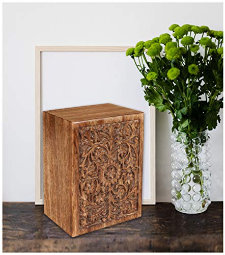 Funeral Cremation Urn Ashes with Beautiful Handmade Carving in Centre- X Large Natural,Urns for Human Ashes Adult Wooden,Wooden Urn with Hand-Made Design for Human Ashes, Wooden Urns Hand-Crafted