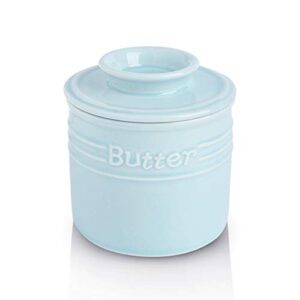koov porcelain butter crock, french butter dish, ceramic butter keeper for counter, big capacity, elegant blue collection (sky)
