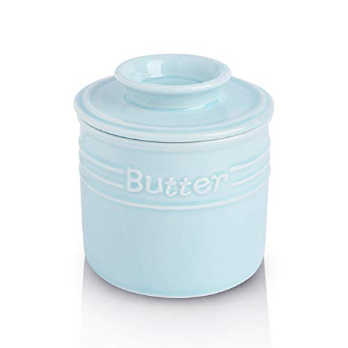 KOOV Porcelain Butter Crock, French Butter Dish, Ceramic Butter Keeper for Counter, Big Capacity, Elegant Blue Collection (Sky)