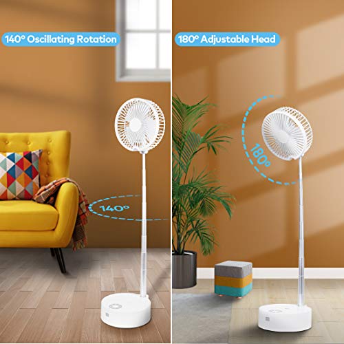 Portable Fan Oscillating Fan, Small Standing Up Floor Fan, Rechargeable Table Fan Quiet with Remote Night Light Air Humidifier, 3 Speeds, Telescopic Stand, for Bedroom Desktop Camping Dorm