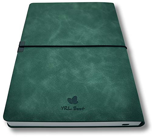 YRL Best Writing Journal Notebook, College Ruled/Lined, A5, 5.8x8.3”, Premium Faux Leather Soft Cover, Fine Thick Paper, Sewn Bound, Inner Pocket, Elastic Closure Wrap, Pen Loop, Lays Flat, Green