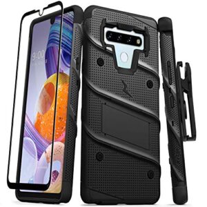 zizo bolt series for lg stylo 6 case with screen protector kickstand holster lanyard - black & black