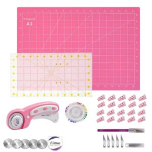 rdutuok 45mm rotary cutter set quilting kit, 5 replacement blades, a3 cutting mat(18x12"), acrylic ruler,sewing pins,cushion,craft knife set and craft clips - ideal for sewing,crafting,patchworking