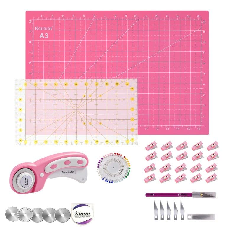 Rdutuok 45mm Rotary Cutter Set Quilting Kit, 5 Replacement Blades, A3 Cutting Mat(18X12"), Acrylic Ruler,Sewing Pins,Cushion,Craft Knife Set and Craft Clips - Ideal for Sewing,Crafting,Patchworking