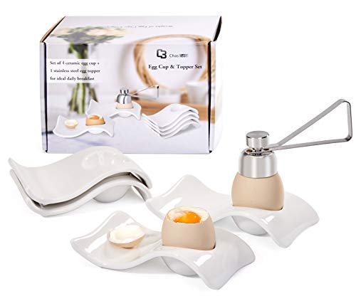 ChasBete Ceramic Egg Cup, Egg Cups for Soft Boiled Eggs, Soft Boiled Egg Holder 4 + 1 Egg Topper Cutter Soft Boiled Egg Cups Set