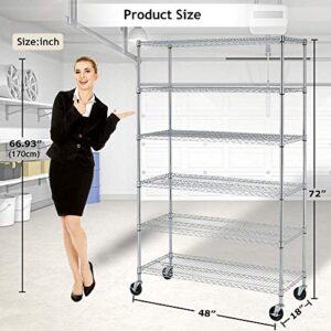 6-Tie Metal Storage Shelves, 48" x 18" x 72" Wire Shelving Unit w/Wheels, 6000 LBS Heavy Duty Industrial Utility Steel Storage Rack, NSF UltraDurable Shelf Organizer Racks for Garage Kitchen Storage