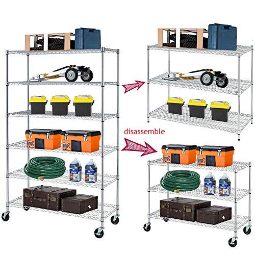 6-Tie Metal Storage Shelves, 48" x 18" x 72" Wire Shelving Unit w/Wheels, 6000 LBS Heavy Duty Industrial Utility Steel Storage Rack, NSF UltraDurable Shelf Organizer Racks for Garage Kitchen Storage