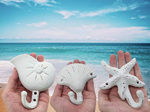 Sea Snail Starfish Shell Shape Cast Iron Nautical Wall Hooks Set, 3-Pack Assorted Rustic White Seaside-Themed Wall Mount Coat Hooks, Beach Coastal Wall Decor