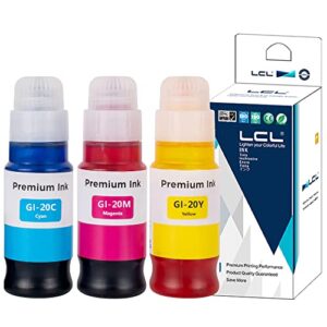 lcl compatible ink bottle replacement for canon gi20 gi-20 gi-20c gi-20m gi-20y ppixma g6020 g5020 g7020 (3-pack cyan magenta yellow)