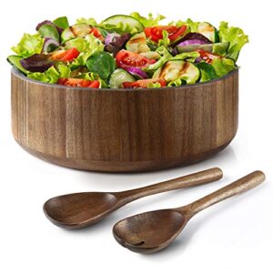 Miusco Natural Acacia Wooden Large Salad Serving Bowl with Tongs Set, 12 Inch, 200 Oz./6.25 Quarts, Spoons Included, Premium Handcrafted Wood Bowl and Utensils Set, Great Holiday Gift