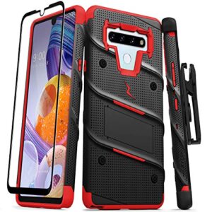 zizo bolt series for lg stylo 6 case with screen protector kickstand holster lanyard - black & red