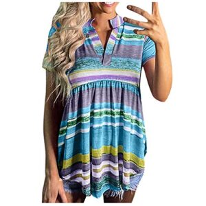 esknas womens blouse summer rainbow gradients stripe print tunic tops short sleeve v-neck pleated t-shirt (blue,xxxxl)