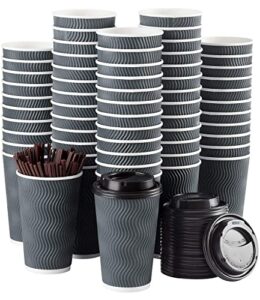 disposable coffee cups with lids and straws - 16 oz (90 set) togo hot paper coffee cup with lid to go for beverages espresso tea insulated reusable cold drinks ripple cups protect fingers from heating