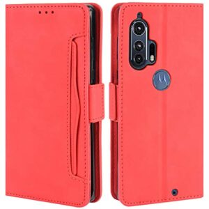 hualubro motorola moto edge plus case, magnetic full body protection shockproof flip leather wallet case cover with card slot holder for motorola moto edge+ plus phone case (red)