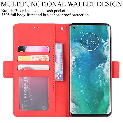 HualuBro Motorola Moto Edge Plus Case, Magnetic Full Body Protection Shockproof Flip Leather Wallet Case Cover with Card Slot Holder for Motorola Moto Edge+ Plus Phone Case (Red)