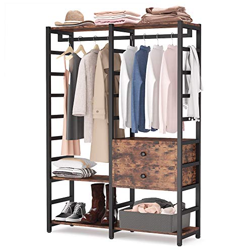 Tribesigns Free-Standing Closet Organizer, Heavy Duty Clothes Rack with Handing Bar and Shelves, Large Closet Storage & Closet Garment Rack with Drawers,Rustic