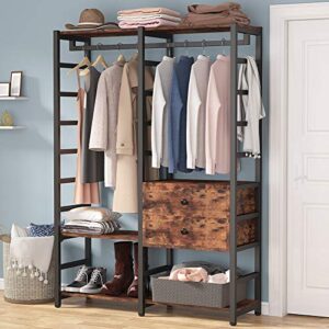 Tribesigns Free-Standing Closet Organizer, Heavy Duty Clothes Rack with Handing Bar and Shelves, Large Closet Storage & Closet Garment Rack with Drawers,Rustic