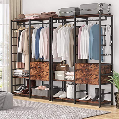 Tribesigns Free-Standing Closet Organizer, Heavy Duty Clothes Rack with Handing Bar and Shelves, Large Closet Storage & Closet Garment Rack with Drawers,Rustic