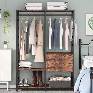 Tribesigns Free-Standing Closet Organizer, Heavy Duty Clothes Rack with Handing Bar and Shelves, Large Closet Storage & Closet Garment Rack with Drawers,Rustic