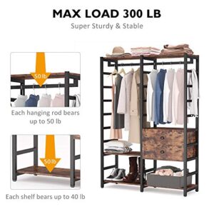 Tribesigns Free-Standing Closet Organizer, Heavy Duty Clothes Rack with Handing Bar and Shelves, Large Closet Storage & Closet Garment Rack with Drawers,Rustic