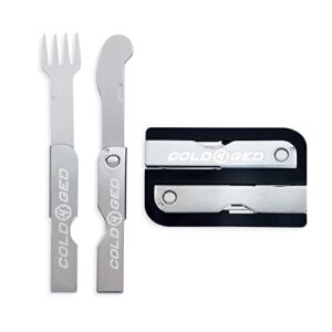 forkanife travel, ultra-thin travel utensils, stainless steel fork and knife travel silverware, safe and reusable travel cutlery set for schools, airports and more, 3.27 x 2.07-inch case - cold4ged
