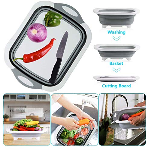 Collapsible Washing Up Bowl, Innovations Multi Function Bowl Drying Rack, Portable Cutting Board, Retractable Drain Washing Basket Basin Vegetable Fruit Tray for for Camping, Picnic, Kitchen