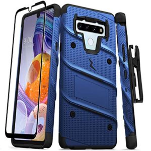 zizo bolt series for lg stylo 6 case with screen protector kickstand holster lanyard - blue & black
