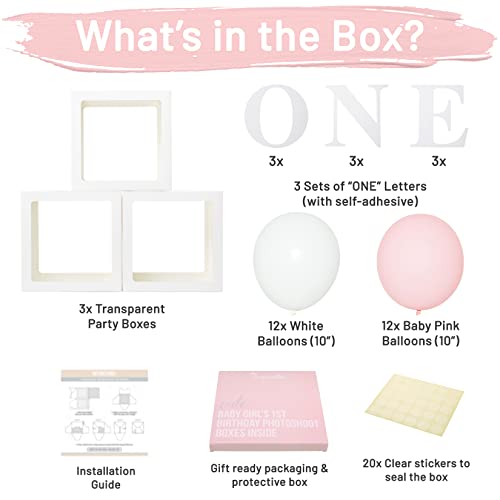 First Birthday Balloon 'ONE' Boxes for Baby Girl WITH 24 Balloons - Baby 1st Birthday Girl Decoration Clear Cube Blocks 'ONE' Letters as Cake Smash Photoshoot Props First Birthday Decorations Backdrop