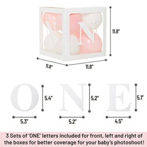 First Birthday Balloon 'ONE' Boxes for Baby Girl WITH 24 Balloons - Baby 1st Birthday Girl Decoration Clear Cube Blocks 'ONE' Letters as Cake Smash Photoshoot Props First Birthday Decorations Backdrop