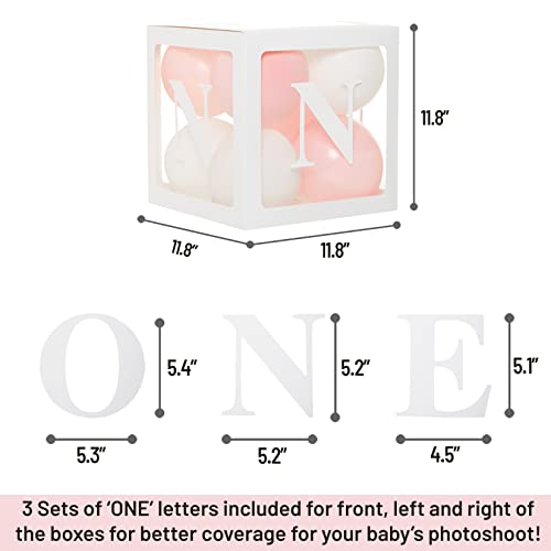 First Birthday Balloon 'ONE' Boxes for Baby Girl WITH 24 Balloons - Baby 1st Birthday Girl Decoration Clear Cube Blocks 'ONE' Letters as Cake Smash Photoshoot Props First Birthday Decorations Backdrop