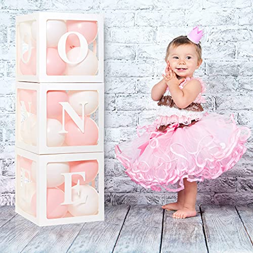First Birthday Balloon 'ONE' Boxes for Baby Girl WITH 24 Balloons - Baby 1st Birthday Girl Decoration Clear Cube Blocks 'ONE' Letters as Cake Smash Photoshoot Props First Birthday Decorations Backdrop