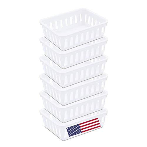 Tribello Mini Plastic Baskets for Organizing, White Drawer/Closet Storage Tray, Size 6 x 5 x 2 - Pack of 6 - Made in USA