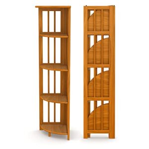 stony edge folding corner shelf easy assembly - 51”x12.5”x12.5” 5 tiers - perfect wooden corner bookshelf organizer for books and decorative items. (honey oak)
