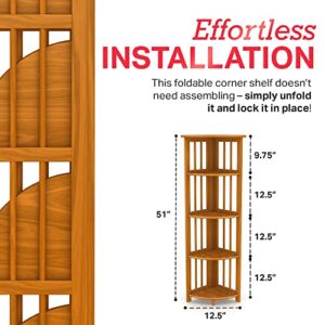 Stony Edge Folding Corner Shelf Easy Assembly - 51”x12.5”x12.5” 5 Tiers - Perfect Wooden Corner Bookshelf Organizer for Books and Decorative Items. (Honey Oak)