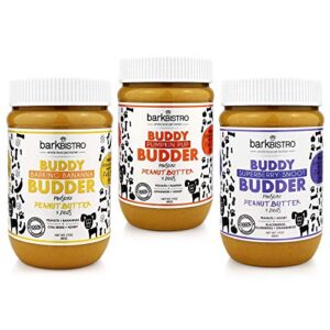 buddy budder bark bistro company, superberry snoot + barkin banana + pumpkin pup, 100% natural dog peanut butter, healthy dog treats - made in usa (set of 3 / 17oz)