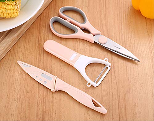 JS Kitchen Scissor 3-Pcs Set,Poultry Shears,Kitchen Cooking Knife Set with Melon Planing Fruit Knife and Peeler for Cutting Poultry, Chicken, Meat, Herbs, Vegetables and Fish.