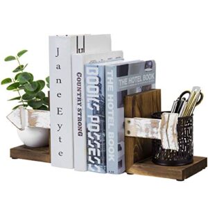 mygift rustic burnt solid wood decorative bookend with whitewashed arrow design, office desktop book support stand, 1-pair